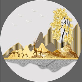 轻奢装饰画 金叶树 麋鹿