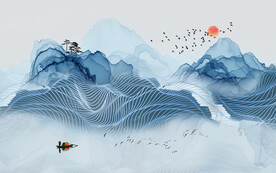 轻奢装饰画新中式水墨山水船线条