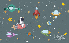 宇宙飞船可爱太空人儿童房背景墙