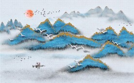 轻奢装饰画 蓝色山水画 日出