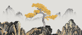 轻奢装饰画 水墨山水画 金色树