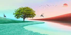 轻奢装饰画 树太阳麋鹿 草地