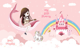 可爱卡通城堡小公主儿童房背景墙