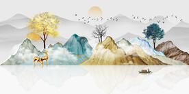 轻奢装饰画新中式山水画太阳麋鹿