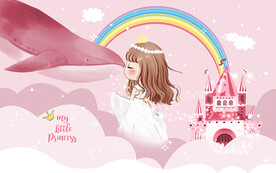 可爱公主城堡鲸鱼儿童房背景墙