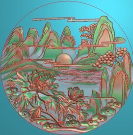 山水图牡丹圆形精雕图