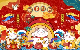 国潮招财猫工装背景墙图片