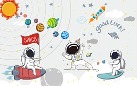 可爱卡通太空人宇宙儿童房背景墙