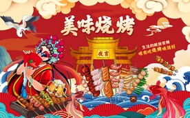 国潮烧烤店背景墙图片