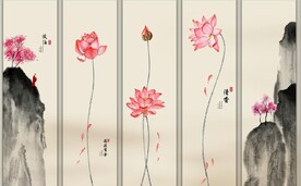 新中式水墨红荷花五条屏装饰画