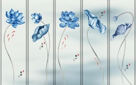 新中式水墨蓝莲花五条屏装饰无框