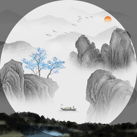 装饰画 新中式水墨山水画 日出