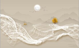 新中式抽象麋鹿山水背景墙