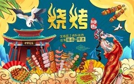国潮烧烤美食背景墙图片