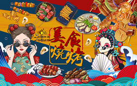 国潮美食烧烤美女工装背景墙