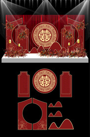 红色新中式婚礼KT板布置