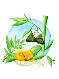 卡通手绘端午节国潮风粽子粽叶