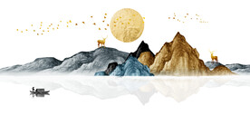 装饰画 新中式山水画 麋鹿