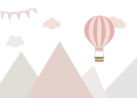 卡通几何图形蓝天白云热气球壁画