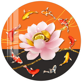 金色线条荷花九鱼图圆形装饰画