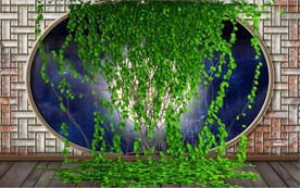 新中式月亮门爬山虎电视背景墙