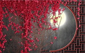 新中式红叶月亮门电视背景墙