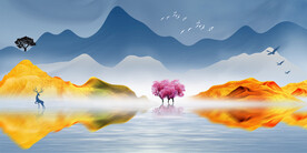 轻奢装饰画 新中式山水画 麋鹿