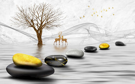 轻奢装饰画 石头 树麋鹿