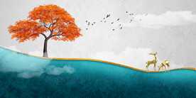 轻奢装饰画 新中式山水画 麋鹿