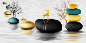 装饰画 新中式山水画 石头麋鹿