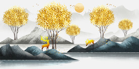 轻奢装饰画 新中式山水画 麋鹿