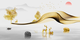 装饰画 新中式山水画 石头麋鹿