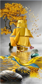 轻奢装饰画 山水石头 帆船