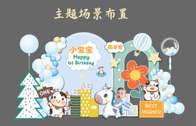 蓝色卡通牛宝宝周岁生日宴背景图