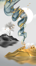 轻奢装饰画 弧线 山水画麋鹿