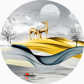 轻奢装饰画 山水弧线飘带麋鹿