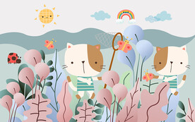 可爱卡通猫咪蝴蝶儿童房背景墙