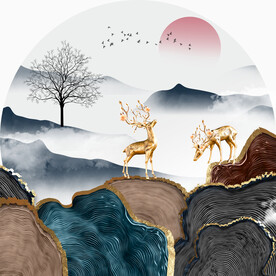 轻奢装饰画 山水麋鹿