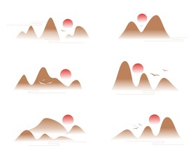 中式中国风水墨山水山纹飞鸟