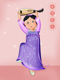 卡通手绘Q萌可爱弹琵琶唐朝仕女