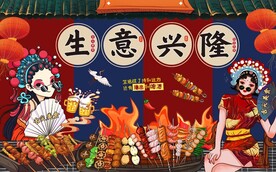 国潮撸串烧烤背景墙图片