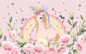 梦幻花海独角兽彩虹儿童房背景墙