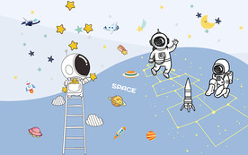 可爱卡通天空宇航员儿童房背景墙