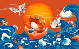 国风潮大海锦鲤餐饮背景墙