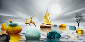 轻奢装饰画 山水石头麋鹿