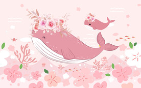 可爱卡通粉色鲸鱼儿童房背景墙