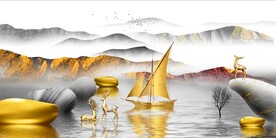 轻奢装饰画 山水石头麋鹿帆船