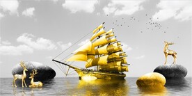 轻奢装饰画 山水石头麋鹿帆船