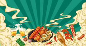 国潮烧烤啤酒包装插画手绘原创