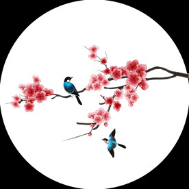高清分层圆形梅花花鸟背景墙